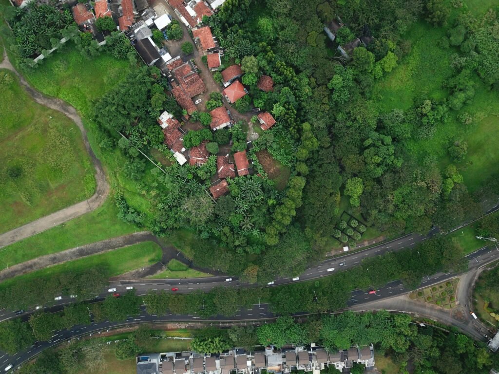 Aerial shot showing a residential area surrounded by greenery in Serpong, Banten, Indonesia.